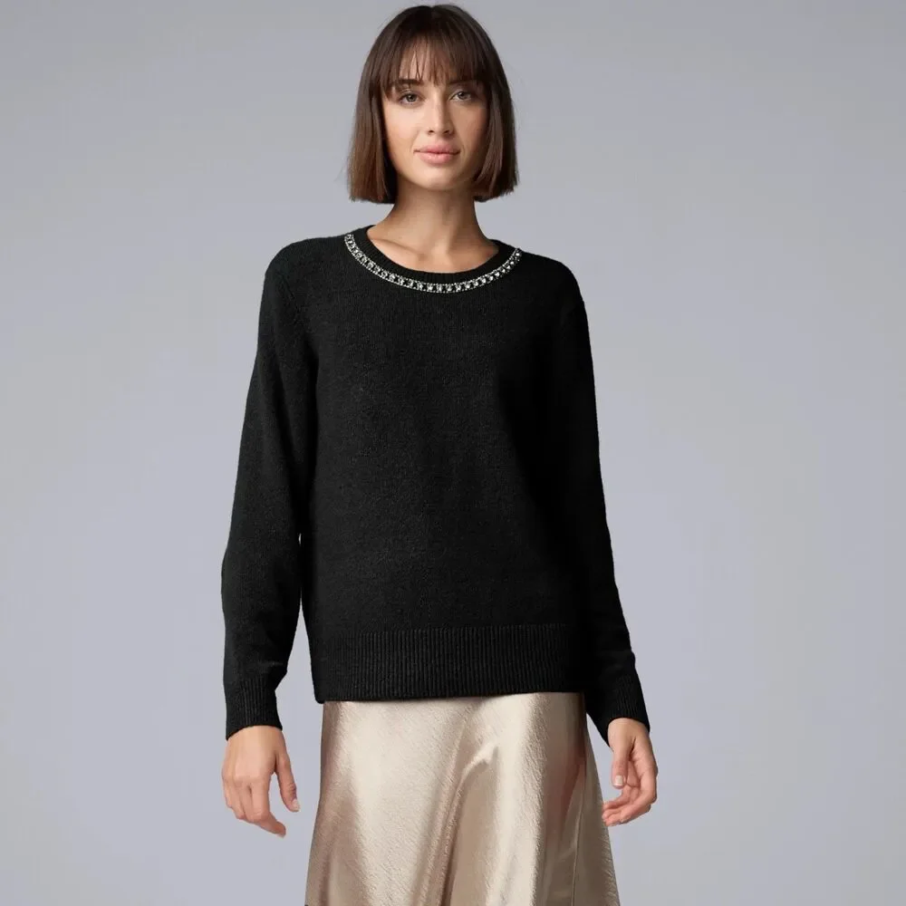 Simply Vera Wang Sweater XS Black Knit Necklace Sweater Diamonds Holiday Women's